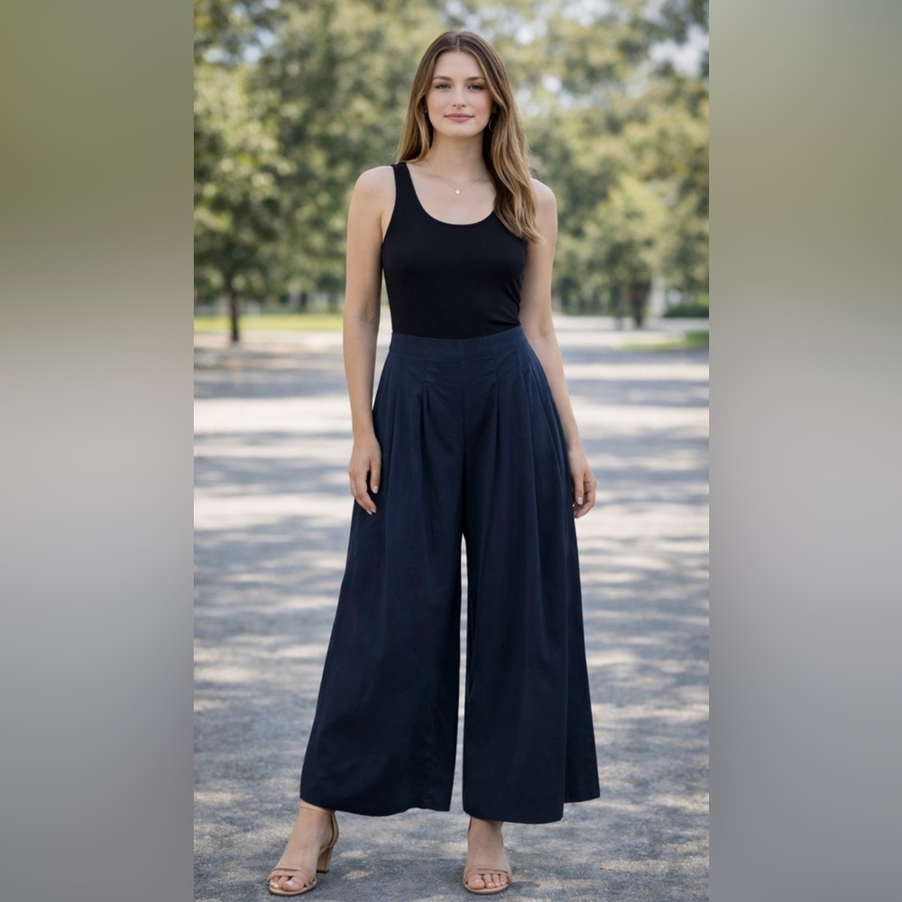 Banana Republic Linen Blend Pleated Pockets Navy Wide-Leg Pants Slacks Womens 4P